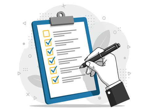Hand holding pen checking boxes on clipboard with checklist  office work concept
