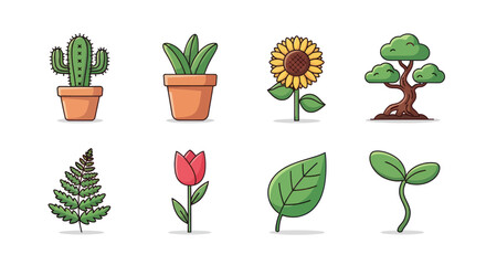 Illustrated plants set on white background