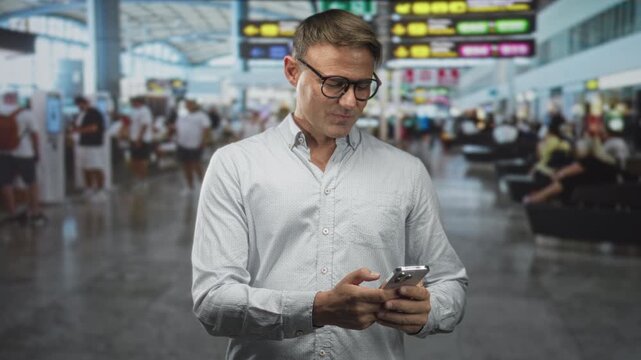 Man texting on smartphone while smiling and holding phone with both hands in an airport terminal; anticipation planning.