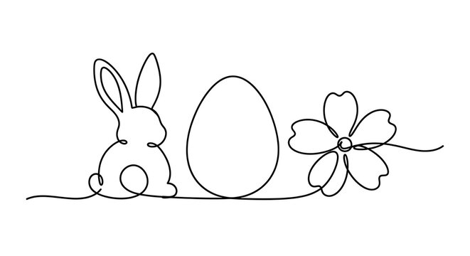 Simple black line drawing of easter bunny egg and flower on white background