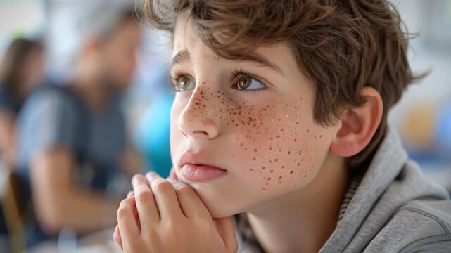 A freckled boy, seated among classmates, intensely focuses on a lesson in a typical classroom setting. With chin resting on his hands, he is fully absorbed in the educational process