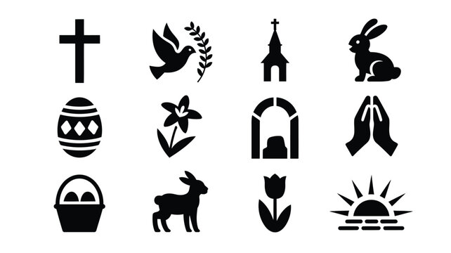 Easter and religious icons in black silhouette on white background including cross dove bunny eggs basket church flowers and praying hands symbolizing spring and faith