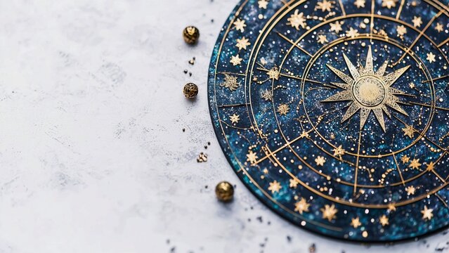 Intricate zodiac wheel design with gold accents and cosmic elements 