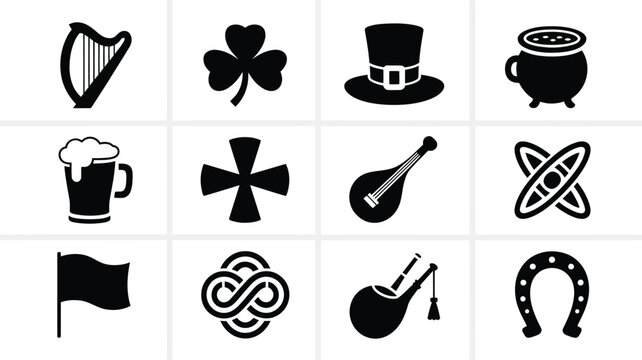 Collection of 12 bold black irish symbols and icons including harp shamrock hat pot beer flag and musical instruments on white background for st patrick's day