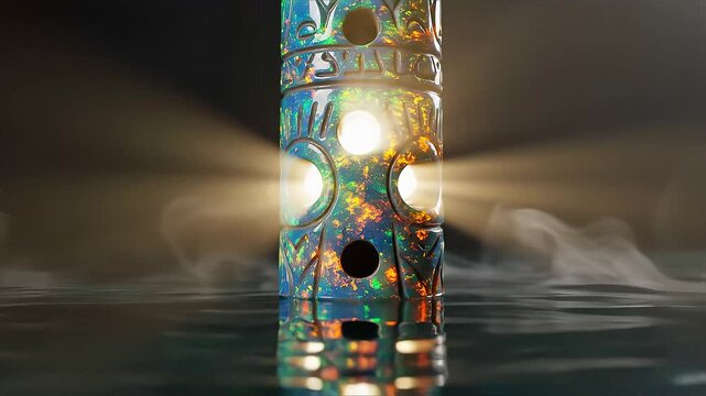Mystic iridescent opal cylinder with internal glow and smoke effect over dark water