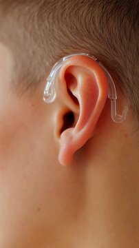 Close-up of a clear behind-the-ear hearing aid discreetly fitted on a person's ear