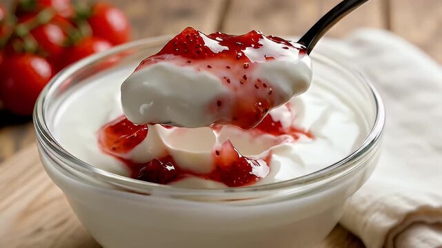 Close up of yogurt with fruit compote and spoon