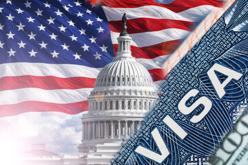 U.S. government immigration policy concept with Capitol and visa