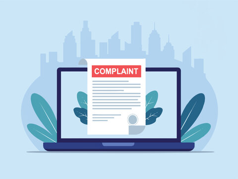 Laptop computer with complaint document on screen and cityscape in background with leaves  technology and communication concept