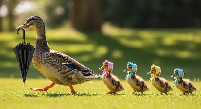 mother duck with ducklings wearing bonnets walking together outdoors on sunny day