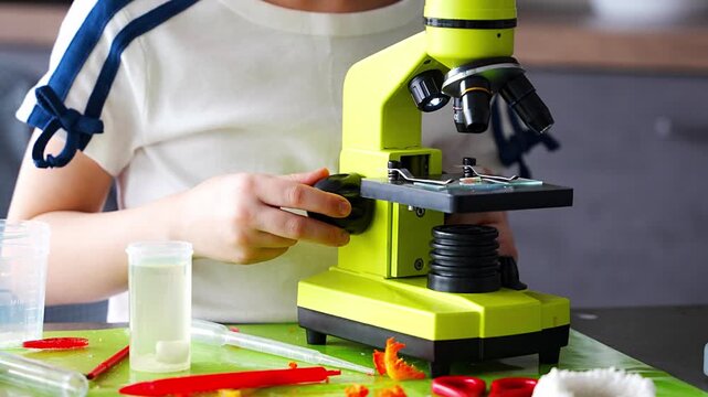 Close up of girl hands adjusting microscope during crystal examination at home laboratory table. Practical scientific work and hands on STEM education through detailed observation process.