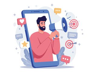 Man holding megaphone standing in front of large smartphone with social media icons around him  online advertising and marketing concept
