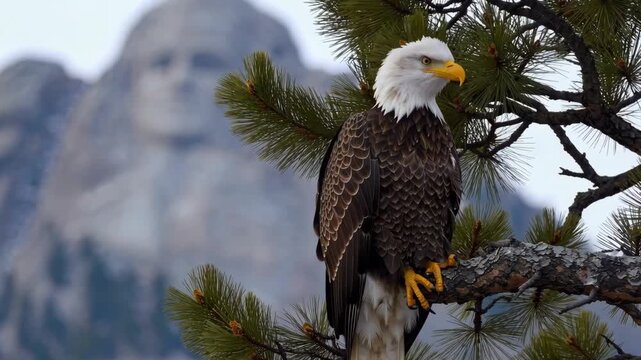 A bald eagle sits on a snow-dusted branch with the blurred stone faces of the Mount Rushmore National Memorial visible behind it. This conceptual scene combines iconic American symbols of nature and h