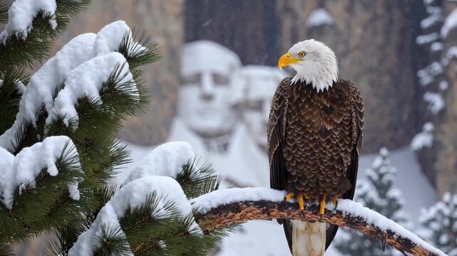 A bald eagle sits on a snow-dusted branch with the blurred stone faces of the Mount Rushmore National Memorial visible behind it. This conceptual scene combines iconic American symbols of nature and h