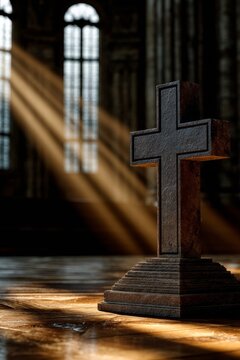 Light streaming through windows highlighting a cross