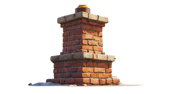 PNG of A detailed brick chimney structure, showcasing rustic red bricks and a stone cap.