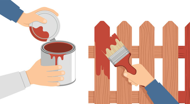 Two pairs of hands are engaged in activity, one opening a red paint can while the other paints a wooden fence red.