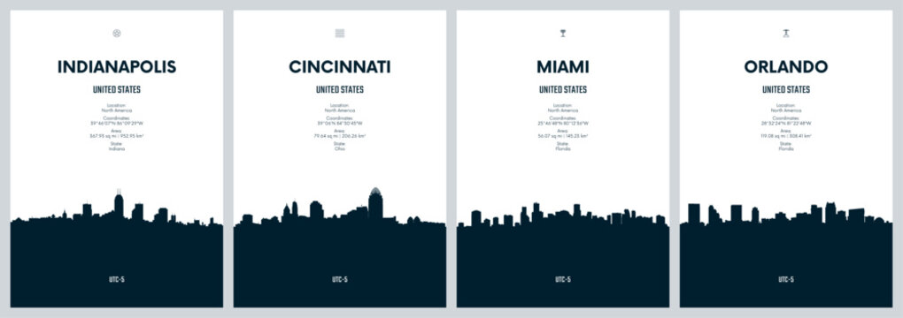 Travel vector set with USA city skylines Indianapolis, Cincinnati, Miami, Orlando detailed city skylines minimalistic graphic artwork