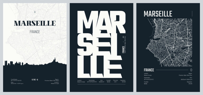 Detailed urban street plan city map Marseille in southern France, and of the Provence-Alpes-Cote dAzur region, Vector set of travel posters, Silhouette city skyline artwork, kit 2