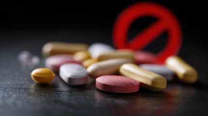 Assorted pills on dark surface with red prohibition symbol behind  