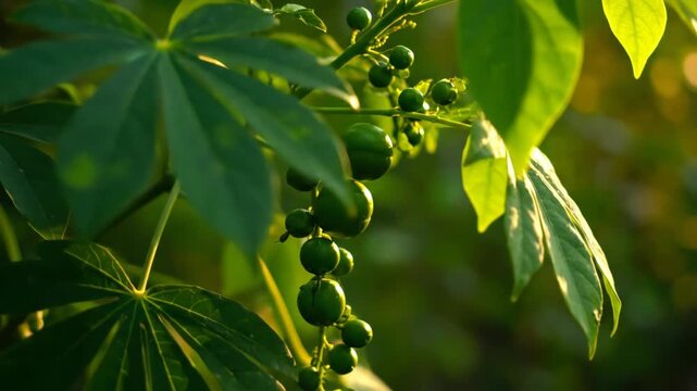 Castor Oil Plant With Green Unripe Seeds on a Branch.