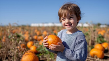Fototapeta premium Happy child holding pumpkin while standing in pumpkin patch 