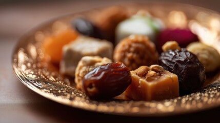 Assorted traditional sweets presented on a decorative golden plate  