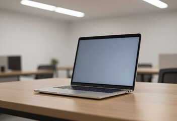 Fototapeta premium sleek laptop sits atop polished wooden desk blank screen reflecting soft glow fluorescent overhead lighting airy