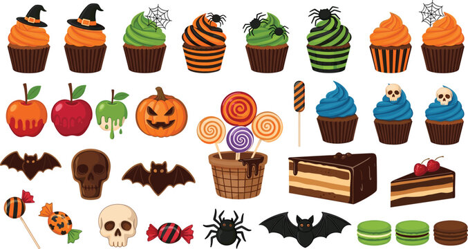 Halloween Sweets and Desserts Vector Collection with Cupcakes, Pumpkin, Skull, Bat, Candy Apples and Spooky Treats Set
