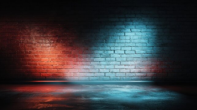 Dark brick wall background with red and blue neon light spotlights on floor