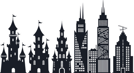 Silhouette vector illustration featuring medieval castles and modern skyscrapers, contrasting historical and contemporary architecture © Umala Art