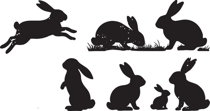Rabbit silhouettes vector set. Collection of black rabbit and bunny icons in various poses. Leaping hare graphic element for logo design