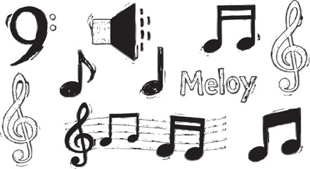 Collection of black music and audio icons including headphones, microphone, speaker, guitar, and piano in a minimalist glyph style for user interface © crea8ive