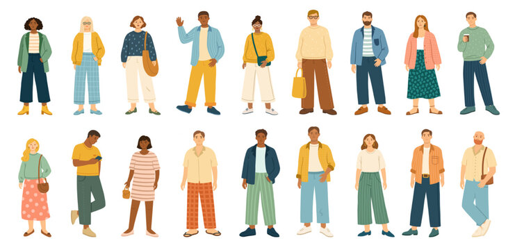 vector image of diverse stylish people characters in flat modern style, casual outfits, standing full body portraits, contemporary lifestyle illustration set