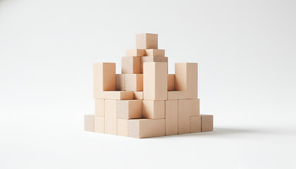 Obraz premium Minimalist Wooden Block Pyramid — Abstract Tiered Sculpture on White Background