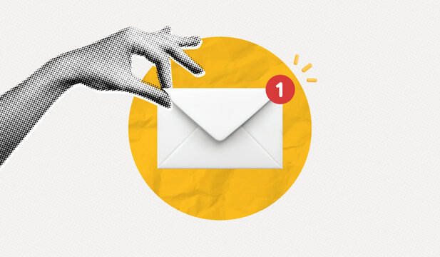Trendy Halftone Collage Hand holds Letter in Envelope with New Notification. Email communication and digital marketing concept. Push reminder. Newsletter subscription. Spam message