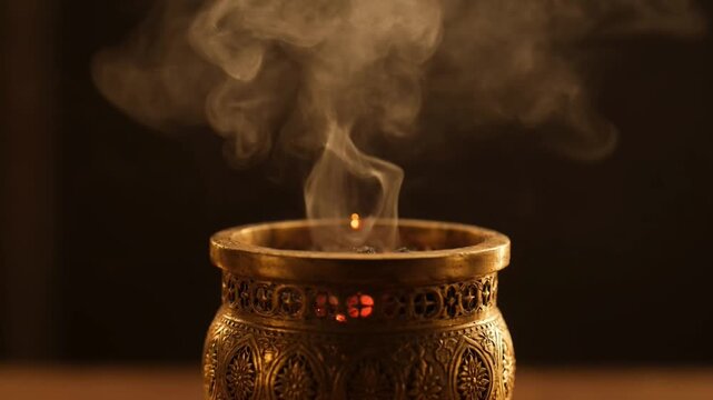 Ornate golden brass incense burner with rising smoke and burning coal on dark moody background
