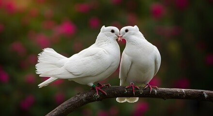 Obraz premium Two pristine white doves, heads close, perched on a branch, with a backdrop of pink flowers
