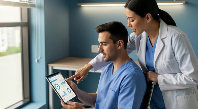 Doctor examines patient s medical data on tablet in modern hospital setting healthcare professional reviews charts and graphs with a focused reassuring demeanor