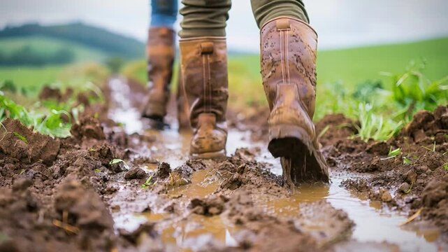 Hikers in sturdy boots navigate a muddy trail through lush, vibrant green fields under a cloudy, overcast sky, fully immersed in the outdoor surroundings as they explore the natural landscape