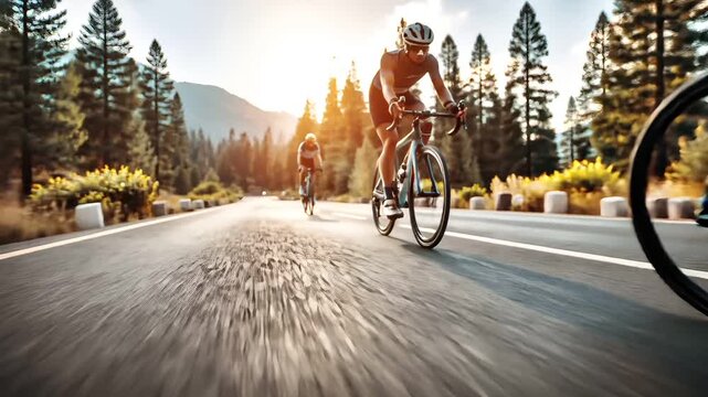 Cardio sports cycling biking exercise, healthy lifestyle. A group of cyclists riding down a road at sunset, with the sun casting a golden hue over the landscape. The cyclists are in sharp focus.