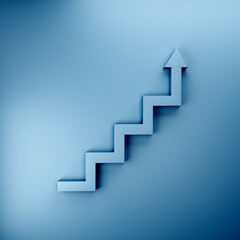 Obraz premium 3D illustration of a blue arrow rising in steps on a grey background, metaphor for financial growth, career success, and progress.