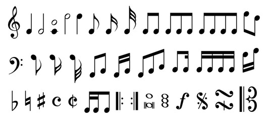 Black musical notation symbols on white background, including treble and bass clefs, notes, rests, accidentals, time signatures, dynamics, and repeat markings. Vector illustration © woters