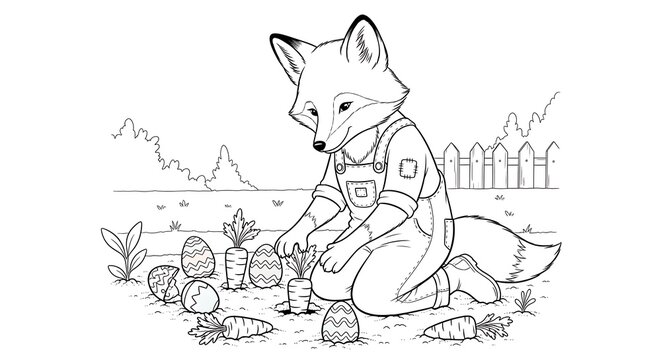 Cartoon fox in overalls gathering carrots and easter eggs in a garden
