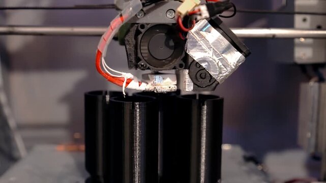 A 3D printer in operation, printing plastic parts using fused filament manufacturing technology. The print head deposits molten material onto a glass work plate, forming detailed black components.
