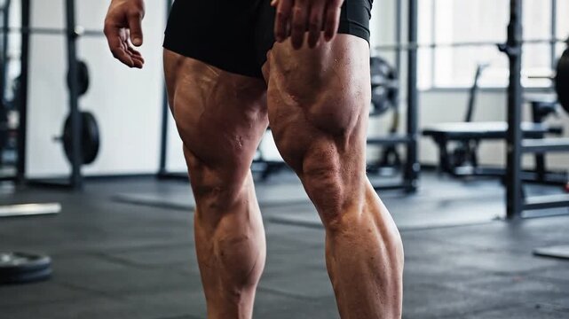 Close-up view of an athlete's highly developed leg muscles showing strong definition while standing in a spacious, modern gymnasium setting.