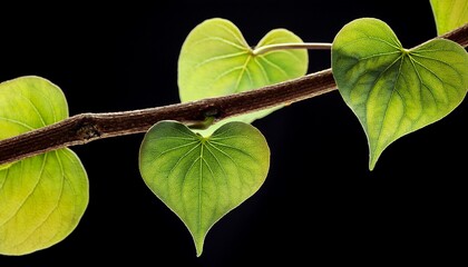 close up of heart shaped green leaves sprouting from a slender brown branch against black