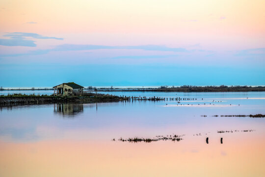 Sunset or sunrise on National park of Evros Delta, near Alexandroupolis and Turkish border, Dadia forest and protected wetland, bird migratory season