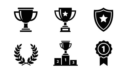 Collection of Award Icons: Trophies, Medals, Shields, and Laurel Wreaths