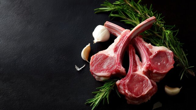 Fresh lamb chops with garlic and rosemary on a dark slate background  